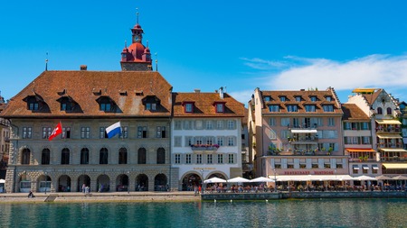 LUCERNE, SWITZERLAND - JULY 04, 2017: View of historic Lucerne city center, Switzerland. Lucerne is the most populous town in Central Switzerland, and a nexus of economics, transportation, culture, and media of this region.のeditorial素材