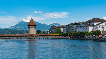 LUCERNE, SWITZERLAND: View of historic Lucerne city center, Switzerland. Lucerne is the most populous town in Central Switzerland, and a nexus of economics, transportation, culture, and media of this region.の写真素材