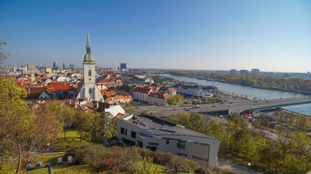 Panorama of Bratislava with the Danube and the Castle building, Slovakia. Aerial view of Bratislava, Slovakia.の写真素材