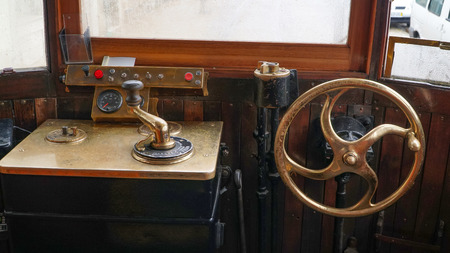 Porto, Portugal, circa 2018: Interior of an old tram, passing through the streets of Porto, Portugalの写真素材