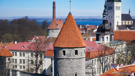 Tallinn skyline, Estonia. Aerial view of Estonia. Tallinn old town, Estonia.. Tallinn is situated on the northern coast of the country, on the shore of the Gulf of Finland in Harju County. Tallinn's Old Town is one of the best preserved medieval cities in Europe.の写真素材