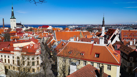 Tallinn skyline, Estonia. Aerial view of Estonia. Tallinn old town, Estonia.. Tallinn is situated on the northern coast of the country, on the shore of the Gulf of Finland in Harju County. Tallinn's Old Town is one of the best preserved medieval cities in Europe.の写真素材