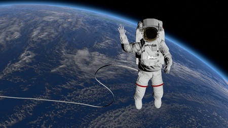 Astronaut Spacewalk, waving his hand in the open space.の写真素材