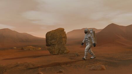 3D rendering. Colony on Mars. Two Astronauts Wearing  Suit Walking On The Surface Of Mars. Exploring...