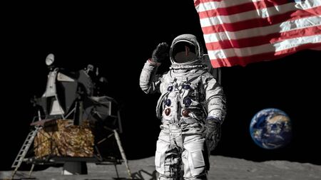 3D rendering. Astronaut saluting the American flag. CG Animation. Elements of this image furnished byの写真素材