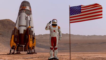 Astronaut saluting the American flag. Exploring Mission To Mars. Futuristic Colonization and Space...