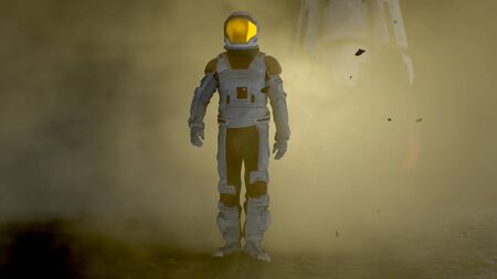 Courageous Astronaut in the Space Suit Explores Mysterious Alien Planet Covered in Mist. Space...