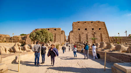 Luxor, Egypt - January 2020: Karnak Temple in Luxor, Egypt. The Karnak Temple Complex, commonly known as Karnak, from Arabic Khurnak meaning fortified village , comprises a vast mix of decayed temples, chapels, pylons, and other buildings in Egypt. It is のeditorial素材