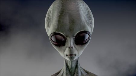 Scary gray alien walks and looks blinking on a dark smoky background. UFO futuristic concept. 3D...