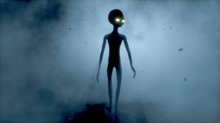 Scary gray alien walks and looks blinking on a dark smoky background. UFO futuristic concept. 3D renderingの写真素材