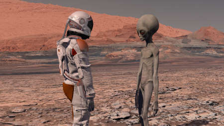 Astronaut meets a Martian on Mars. First contact. Alien on Mars. Exploring mission to mars. Colonization and space exploration concept. 3d rendering.の写真素材