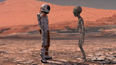 Astronaut meets a Martian on Mars. First contact. Alien on Mars. Exploring mission to mars....