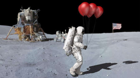 Astronaut walking on the moon with red balloons.の写真素材