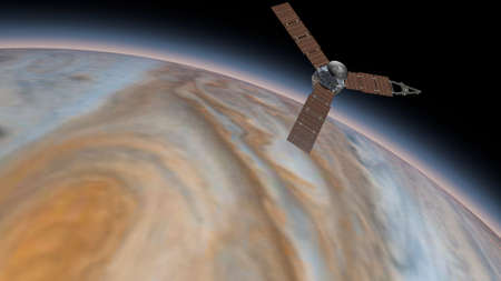 Juno is a space probe orbiting the planet Jupiter. Jupiter Planet Rotating in the outer space. Traveling to planet Jupiter in space.の写真素材
