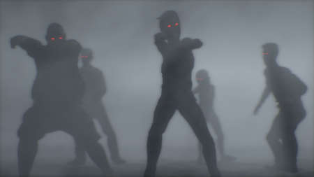 Group of scary zombies attacking. Halloween concept. 3D rendering.