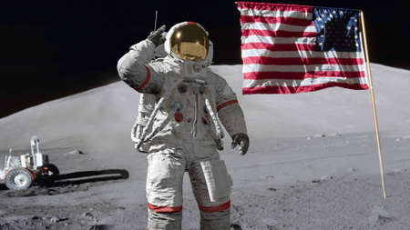 3D rendering. Astronaut saluting the American flag. CG Animation.の写真素材