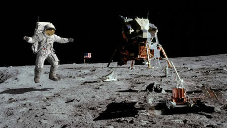 3D rendering. Astronaut jumping on the moon. CG Animation.