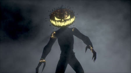 Scary monster with a pumpkin head walks in the fog. Halloween concept.