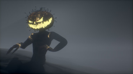 Scary monster with a pumpkin head walks in the fog. Halloween concept.の写真素材