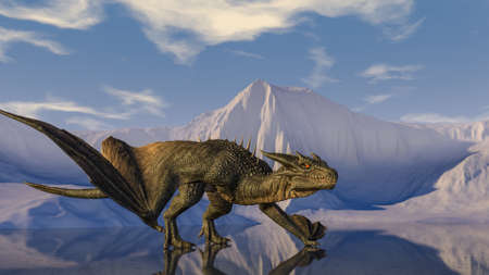 Dragon in the background of snowy mountains on a reflective surface of a frozen lake. 3d renderingの写真素材