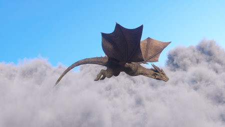 White haired female warrior knight flies on a dragon above the clouds.Fantasy artwork scene. CGI animation 3d renderingの写真素材