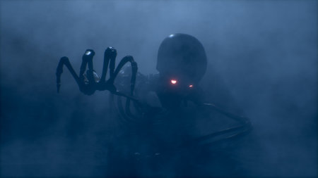 Scary skeleton with glowing eyes is crawling in the fog right at you. Halloween concept. 3D...