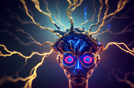 Future Mind Human and Artificial Intelligence Merge. oncept of man of the future associated with artificial intelligence Generative aiの素材