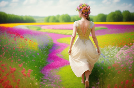 A young woman in a light translucent dress walks through a flowering field. Back view. generative aiの素材