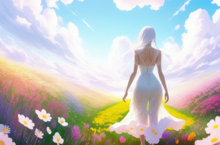 A young woman in a light translucent dress walks through a flowering field. Back view. generative aiの素材