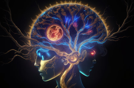 Future Mind Human and Artificial Intelligence Merge. oncept of man of the future associated with artificial intelligence Generative aiの素材