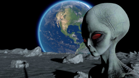 Scary gray alien stands on the moon and looks blinking. Planet Earth Is Visible. UFO futuristic...