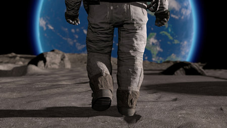 Lunar Astronaut In Space Suit Walking On the Moon. Planet Earth Is Visible. 3d rendering.