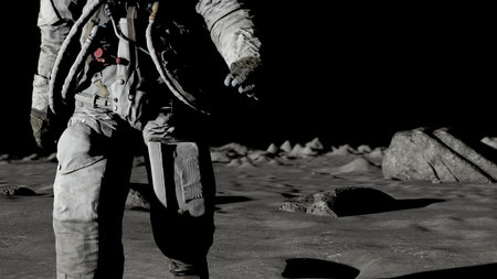 Lunar Astronaut In Space Suit Walking On the Moon. Planet Earth Is Visible. 3d rendringの写真素材