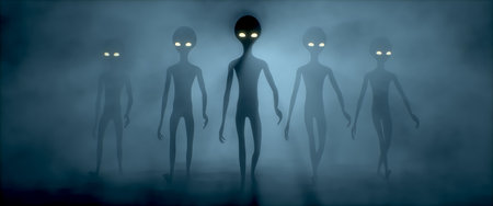 Five scary gray aliens walk and look blinking on a dark smoky background. UFO futuristic concept. 3D rendering Not AI.の写真素材