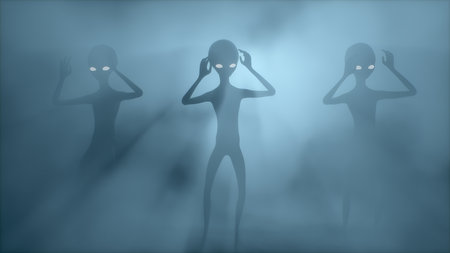 Three scary gray aliens dancing on a dark smoky background. UFO futuristic concept. 3D renderingの写真素材