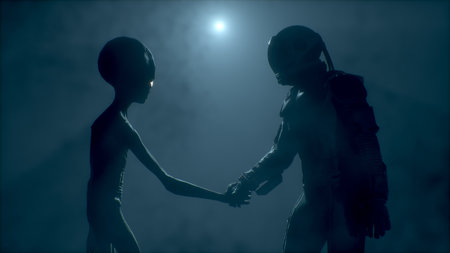 Astronaut meets a grey alien and shakes his hand. First contact. Alien on Moon. Colonization and space exploration concept. Volumetric light.. UFO futuristic concept. 3D rendering Not AI.の写真素材