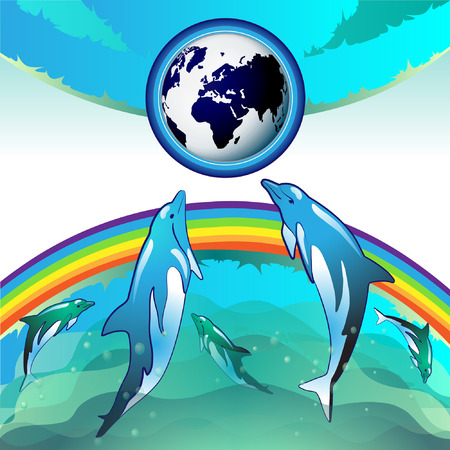 Eco Earth, clean water, diving dolphin のイラスト素材
