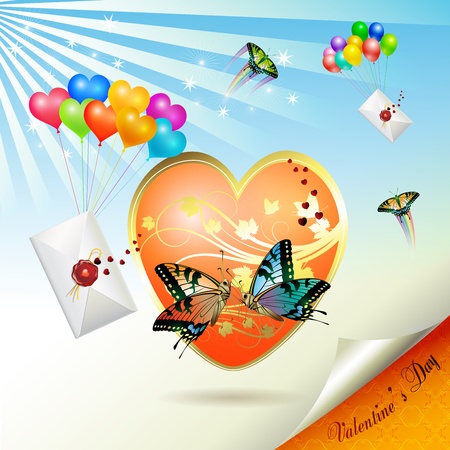 Big heart, envelopes raised by balloons and butterflyのイラスト素材