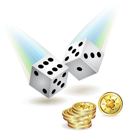 Two white dices with jets and lucky gold coinsのイラスト素材