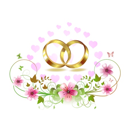 Two wedding ring with hearts and decorated flowers isolated on white background のイラスト素材
