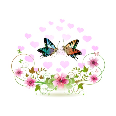 Butterflies with decorated hearts and flowers のイラスト素材