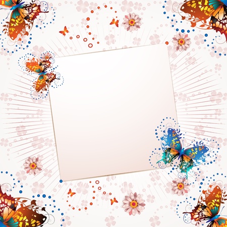 Banner with flowers and butterflies over springtime background のイラスト素材