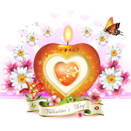 Valentine's day card. Red elegant candle with heart shape, gold decorations, flowers and ribbonのイラスト素材