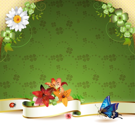 Floral background with ribbon, flowers and butterflies のイラスト素材