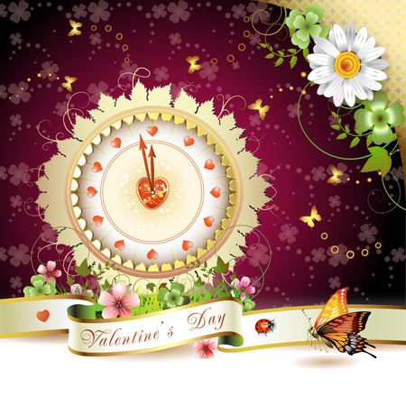 Clock design with Valentine's day theme over springtime backgroundのイラスト素材