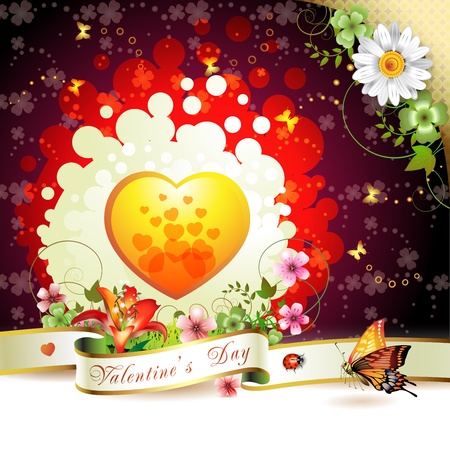 Valentine's day card. Heart and butterflies over springtime background のイラスト素材