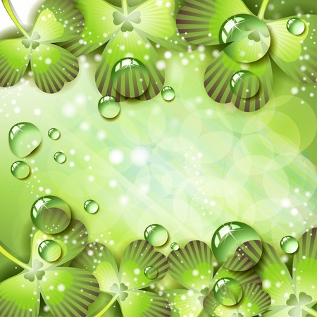 Clover with drops of water over abstract green background のイラスト素材