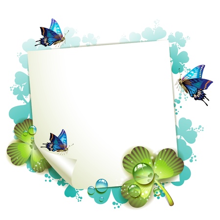 Sheet of paper and clover over springtime backgroundのイラスト素材