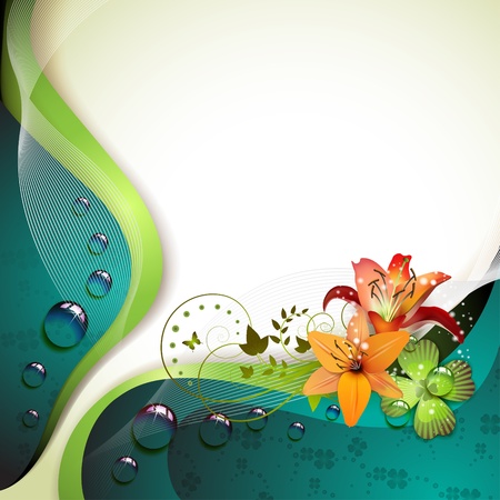 Background with lilies, clover and drops of waterのイラスト素材