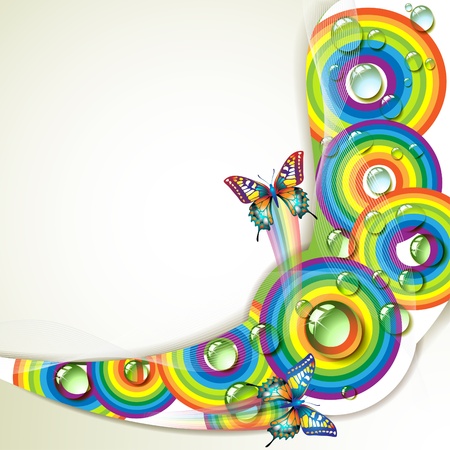 Background with butterflies and drops of water over rainbowのイラスト素材